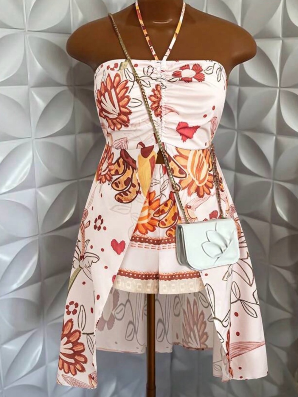 SHEIN Strapless Floral High-Low Dress in Peach & Orange top and shorts